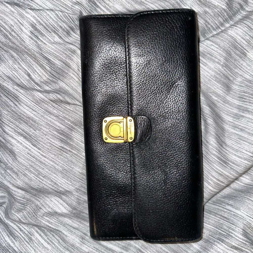 Vintage Salvatore Ferragamo Black Leather Wallet/Wristlet with Gold Clasp